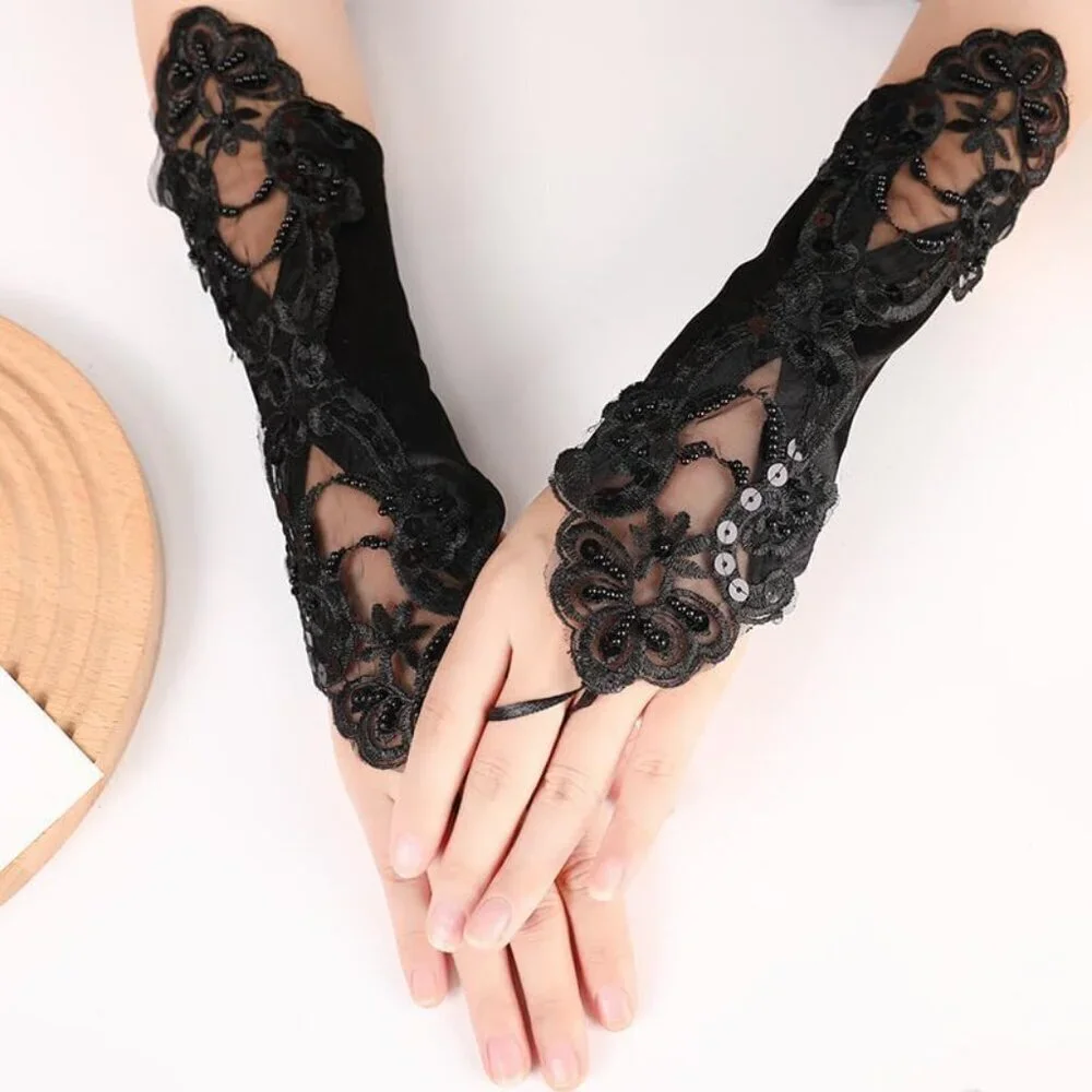 Women's A-Black Sequins Beads Fingerless Satin Gloves Party Prom Accessories